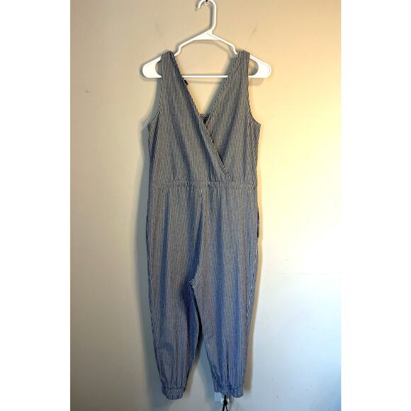 DREW Anthropologie Pin Stripe Blue Ivory Jumpsuit Pockets Criss Cross Back sz. M - Picture 2 of 7